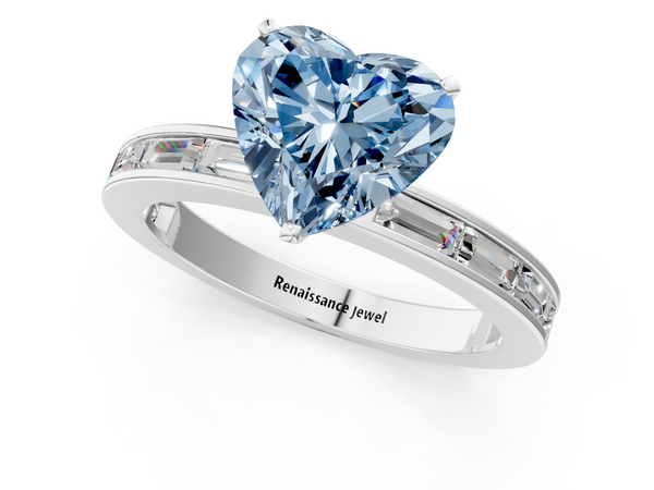 White gold Fancy Blue Heart  Solitaire Diamond Ring with Channel-Set Baguette Band and Four-Prong Setting