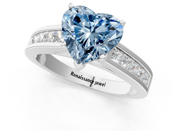 White gold Fancy Blue Heart  Solitaire Diamond Ring with Channel-Set Band and Four-Prong Setting