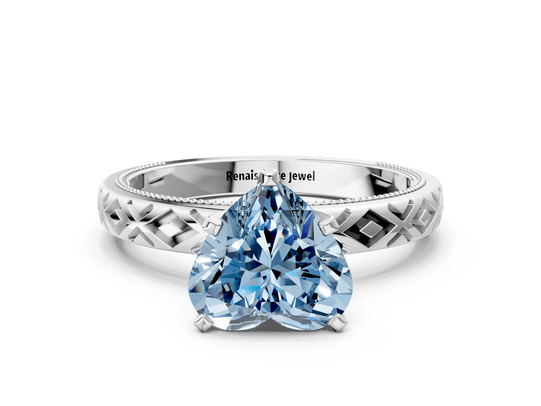 White gold Fancy Blue Heart  Solitaire Diamond Ring with Milgrain and Black Enamel X Pattern Band_112