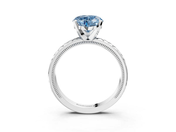 White gold Fancy Blue Heart  Solitaire Diamond Ring with Milgrain and Black Enamel X Pattern Band