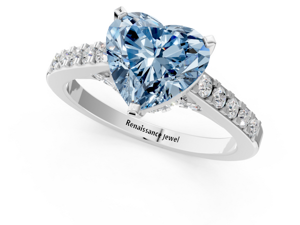 White gold Fancy Blue Heart  Diamond Solitaire Ring with Pavé Band and Prong Setting