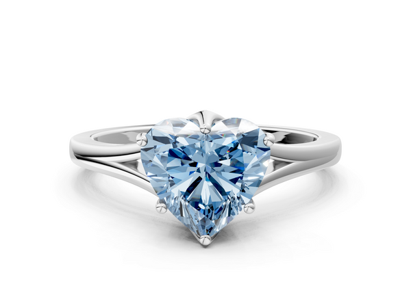 Platinum Fancy Blue Heart  Solitaire Diamond Ring with Six-Prong Setting and Tapered Band