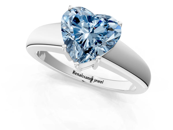 White gold Fancy Blue Heart  Solitaire Diamond Ring with Tapered Band and Four-Prong Setting