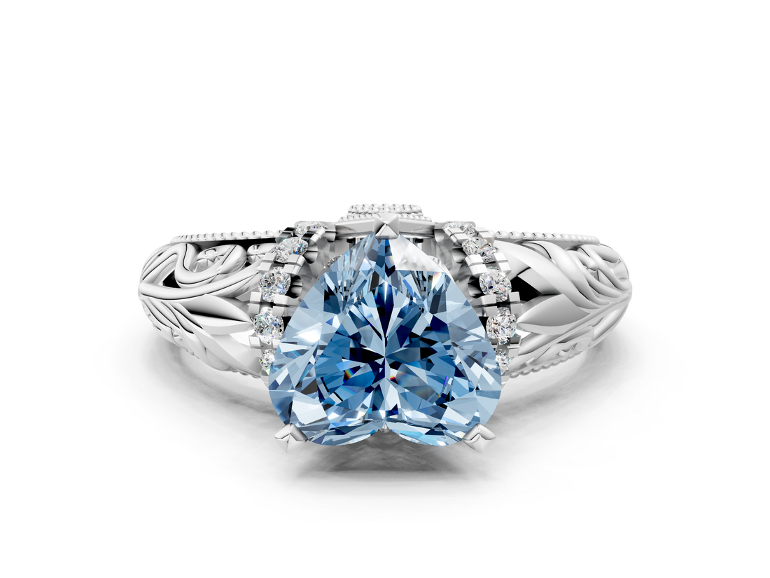 White gold Fancy Blue Heart  Solitaire Filigree Engagement Ring with Halo and Prong Setting_68
