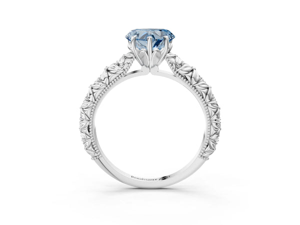 White gold Fancy Blue Heart  Solitaire Floral Milgrain Engagement Ring