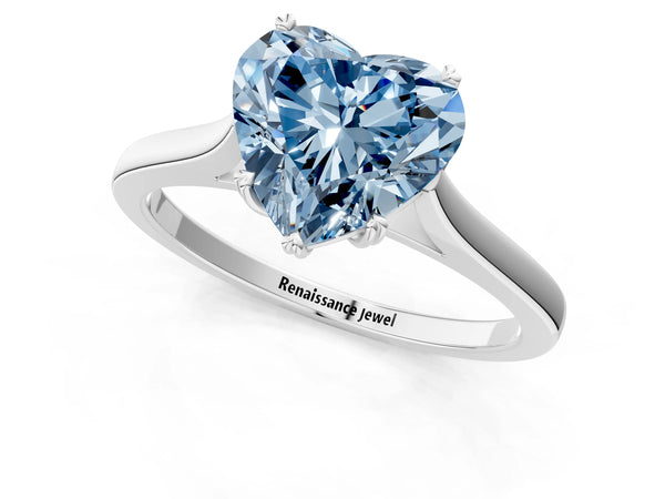 White gold Fancy Blue Heart  Solitaire Heart Prong Engagement Ring with Tapered Band
