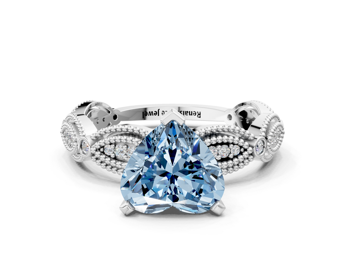 White gold Fancy Blue Heart  Solitaire Milgrain Diamond Engagement Ring with Bezel and Marquise Band_126