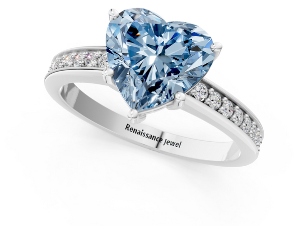 Platinum Fancy Blue Heart  Solitaire Pavé Band Prong Setting Ring