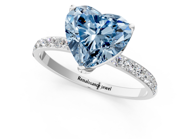 White gold Fancy Blue Heart Cut Diamond Solitaire Engagement Ring with Round  Pavé Band and Prong Setting