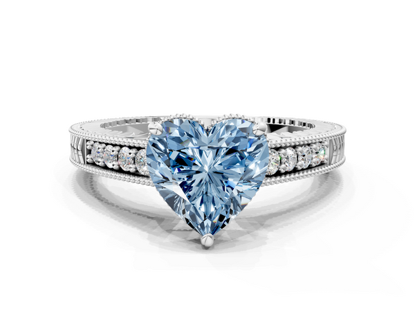 Platinum Fancy Blue Heart  Solitaire Pavé Diamond Milgrain Engagement Ring with Four-Prong Setting