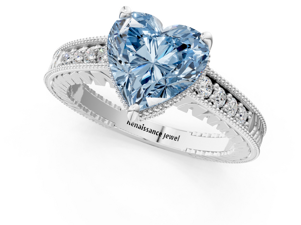 Platinum Fancy Blue Heart  Solitaire Pavé Diamond Milgrain Engagement Ring with Four-Prong Setting