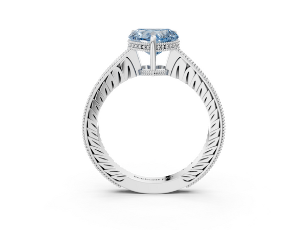 Platinum Fancy Blue Heart  Solitaire Pavé Diamond Milgrain Engagement Ring with Four-Prong Setting