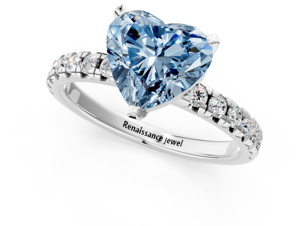 White gold Fancy Blue Heart  Solitaire Pave Diamond Engagement Ring with Four-Prong Setting