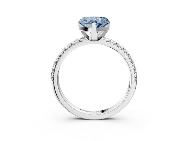 White gold Fancy Blue Heart  Solitaire Pave Diamond Engagement Ring with Four-Prong Setting