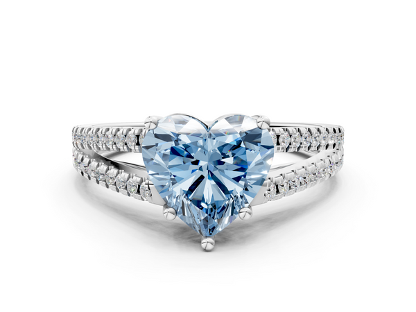 Silver 2.02 Carat Blue VS1 Heart Diamond Solitaire Engagement Ring with Split Shank Pavé Band