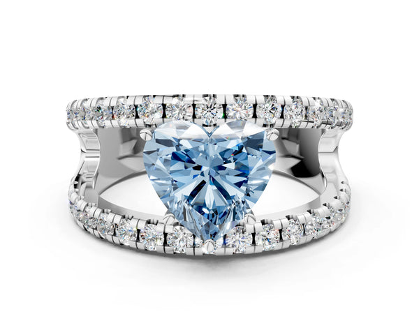 White gold Fancy Blue Heart  Solitaire Split Shank Pave Diamond Ring