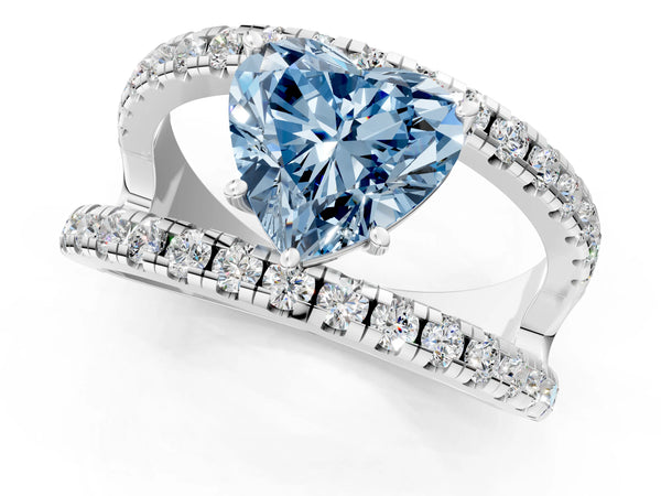White gold Fancy Blue Heart  Solitaire Split Shank Pave Diamond Ring
