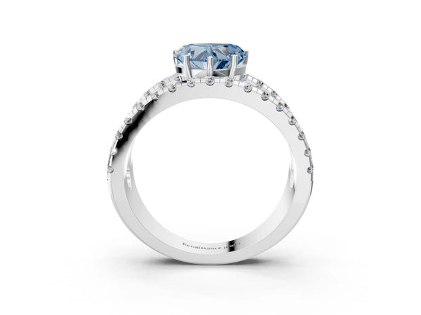 White gold Fancy Blue Heart  Solitaire Split Shank Pave Diamond Ring