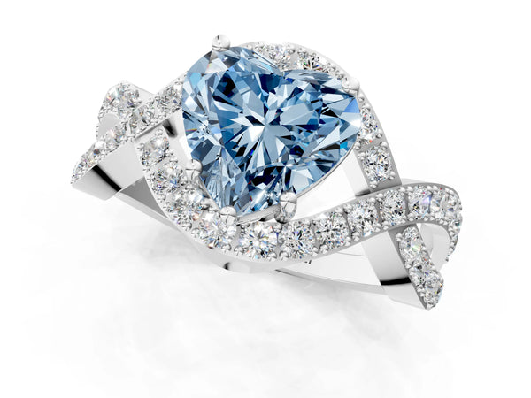 White gold Fancy Blue Heart  Solitaire Twist Band Pavé Diamond Engagement Ring