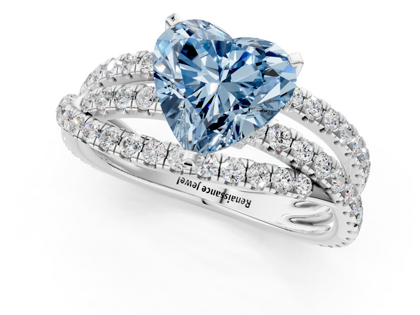 White gold Fancy Blue Heart  Solitaire Twist Band with Pavé Setting and Four-Prong Setting