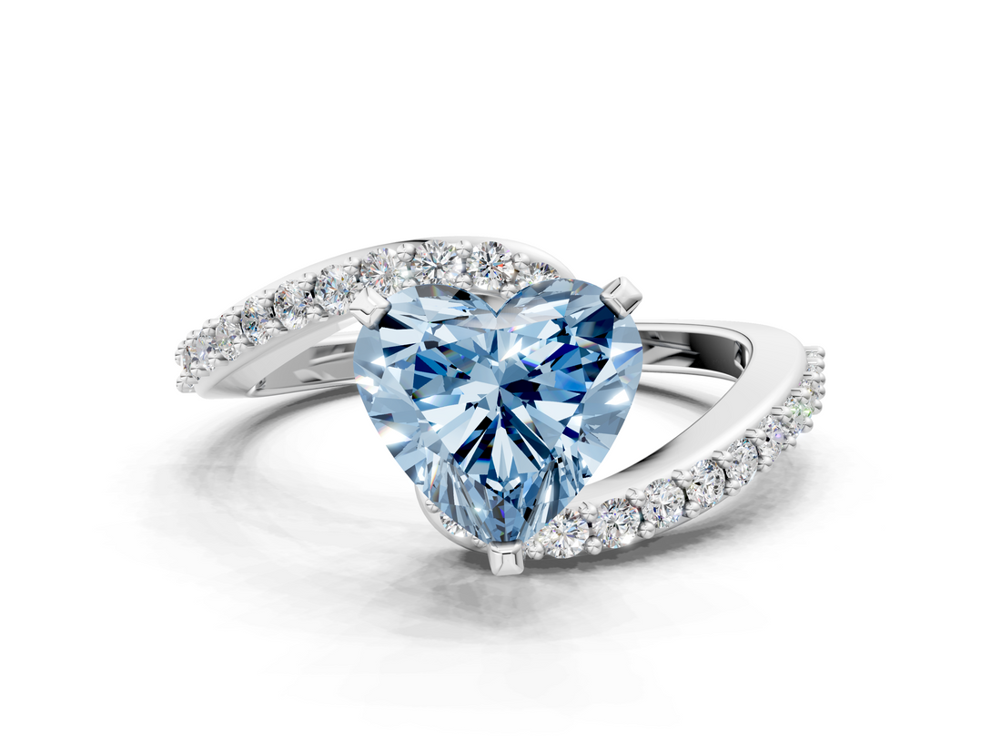 White gold Fancy Blue Heart  Solitaire Twist Band with Pave Set Diamonds and Four-Prong Setting_91