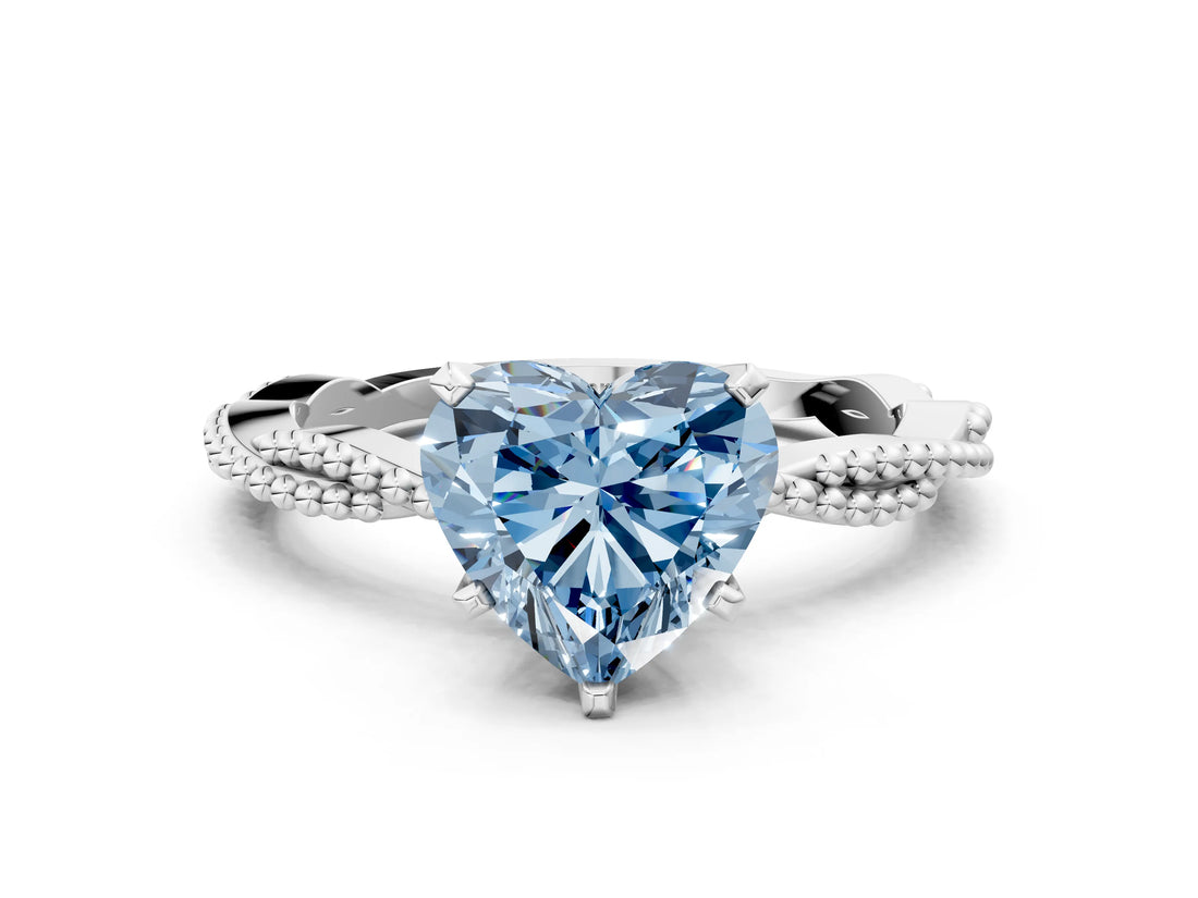 White gold Fancy Blue Heart  Solitaire Twisted Band with Bead Prong Setting_290