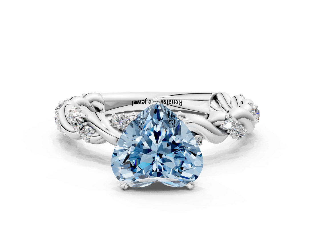 White gold Fancy Blue Heart  Solitaire Twisted Band with Pavé Accents and Four-Prong Setting_3