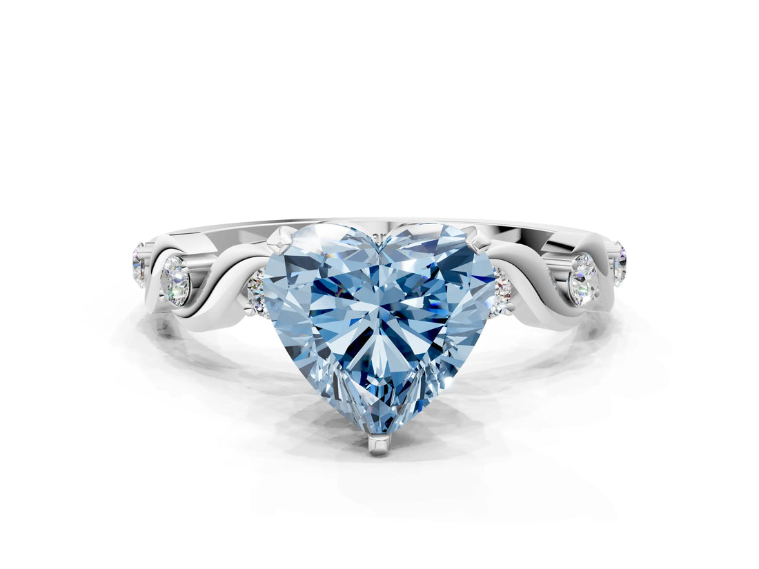 White gold Fancy Blue Heart  Solitaire Twisted Band with Prong Setting