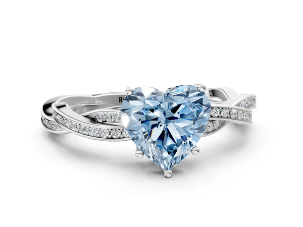 White gold Fancy Blue Heart  Solitaire Twisted Pave Diamond Ring with Four-Prong Setting