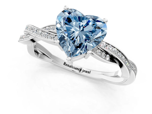 White gold Fancy Blue Heart  Solitaire Twisted Pave Diamond Ring with Four-Prong Setting