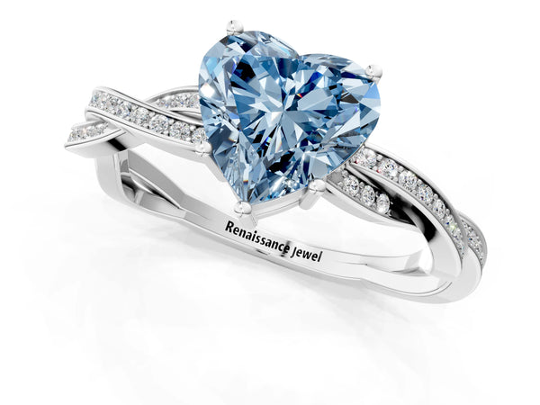 White gold Fancy Blue Heart  Solitaire Twisted Pave Diamond Ring with Four-Prong Setting