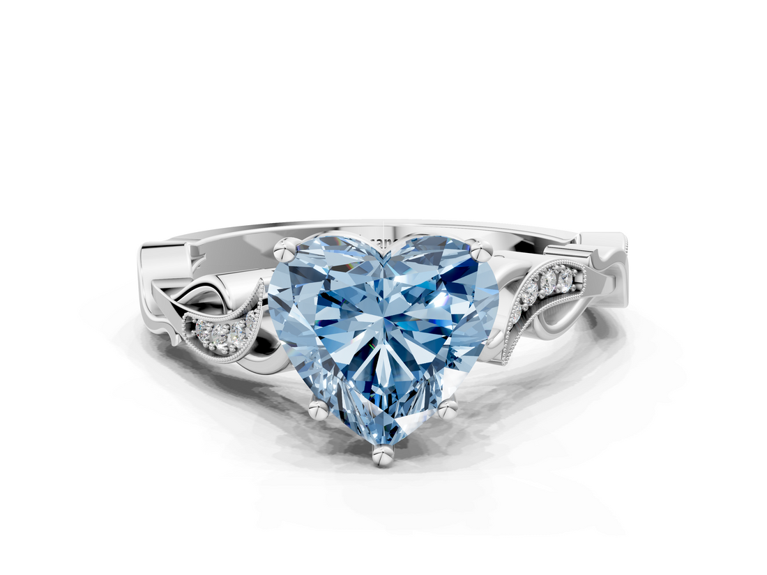 White gold Fancy Blue Heart  Solitaire Vine Band with Milgrain Prong Setting_3