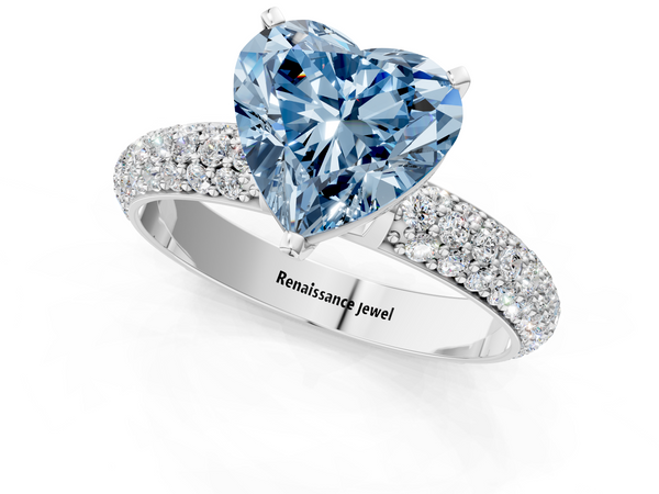Platinum Fancy Blue Heart  Diamond Solitaire Ring with Prong Setting and Pavé Band
