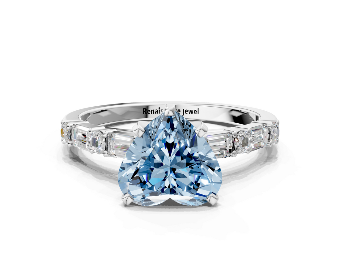 White gold Fancy Blue Heart  Solitaire with Side Baguettes and Channel Set Band_76