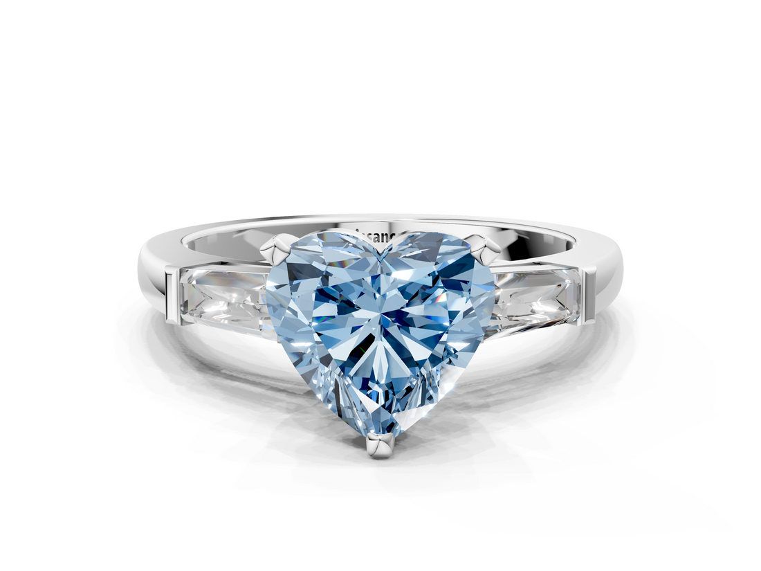 White gold Fancy Blue Heart  Solitaire with Tapered Baguette Side Stones on a Classic Band with Four-Prong Setting_128
