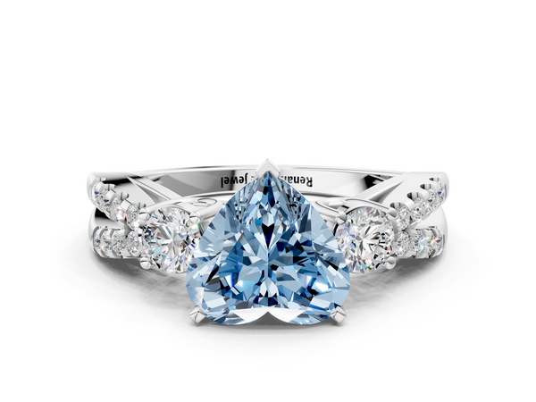 White gold Fancy Blue Heart Cut Diamond Three-Stone Ring with Pavé Split Shank and Four-Prong Setting