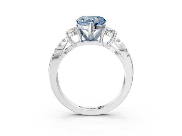 White gold Fancy Blue Heart Cut Diamond Three-Stone Ring with Pavé Split Shank and Four-Prong Setting