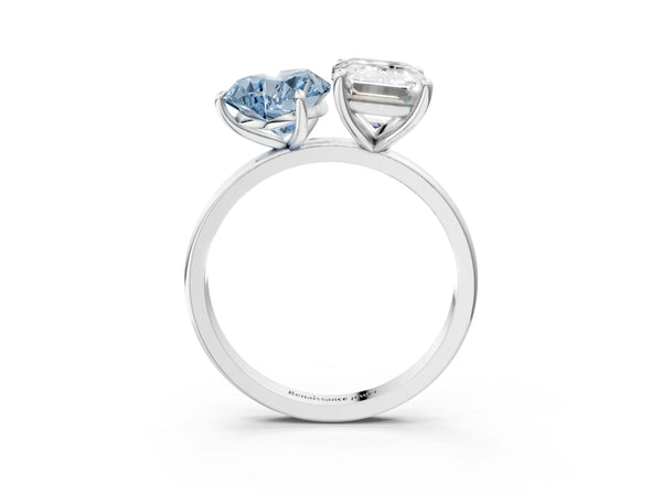 Platinum Fancy Blue Heart  and Emerald Cut Toi Moi Ring with Prong Setting