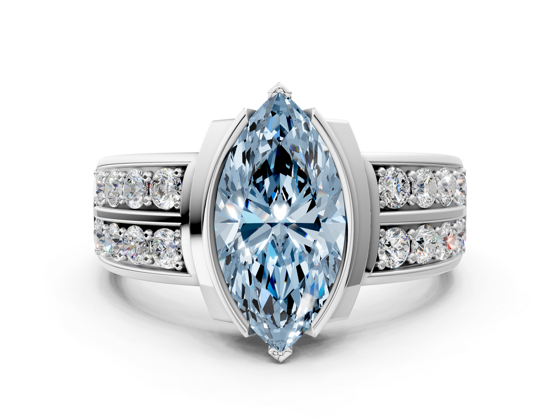White gold Fancy Blue Marquise  Brilliant Diamond Channel Set Wide Band Ring with Bezel Setting_20
