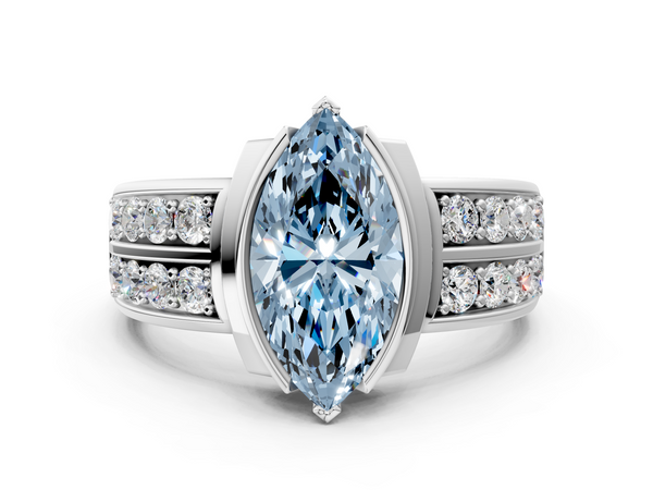 Platinum Fancy Blue Marquise  Brilliant Diamond Channel Set Wide Band Ring with Bezel Setting