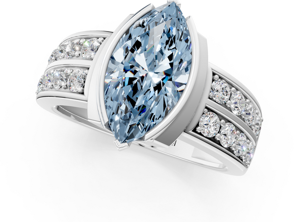 Platinum Fancy Blue Marquise  Brilliant Diamond Channel Set Wide Band Ring with Bezel Setting