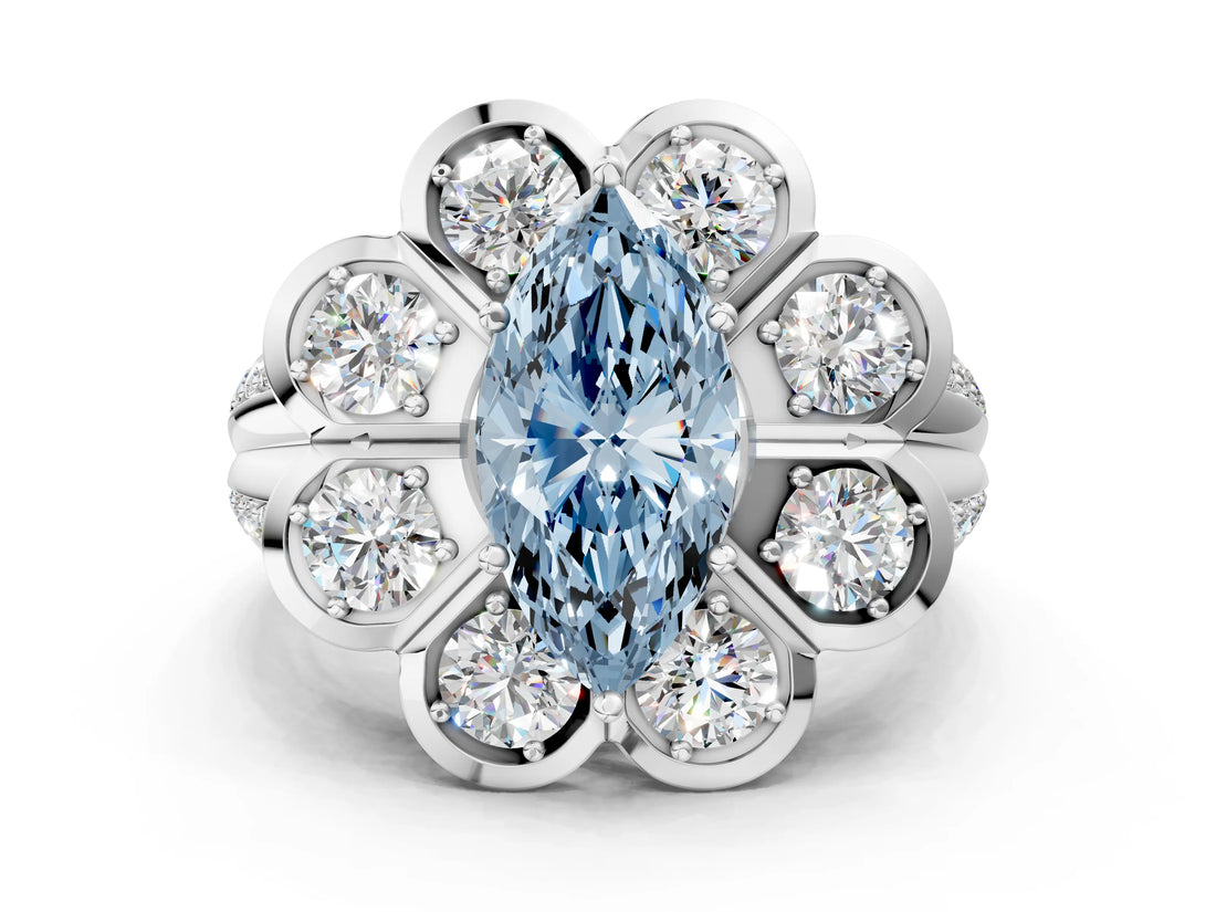 White gold Fancy Blue Marquise  Brilliant Flower Halo Diamond Split Shank Ring_129
