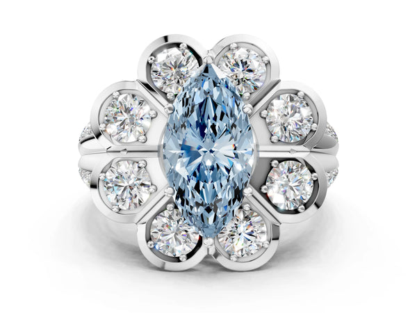 Platinum Fancy Blue Marquise  Brilliant Flower Halo Diamond Split Shank Ring