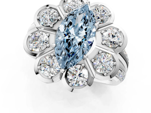Platinum Fancy Blue Marquise  Brilliant Flower Halo Diamond Split Shank Ring