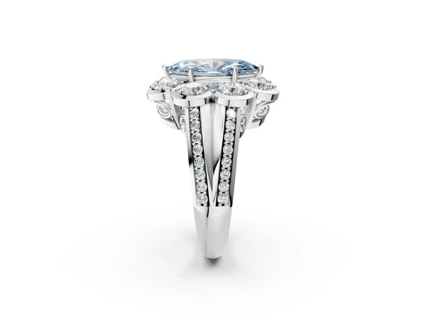Platinum Fancy Blue Marquise  Brilliant Flower Halo Diamond Split Shank Ring