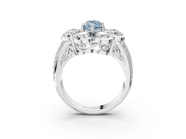 Platinum Fancy Blue Marquise  Brilliant Flower Halo Diamond Split Shank Ring