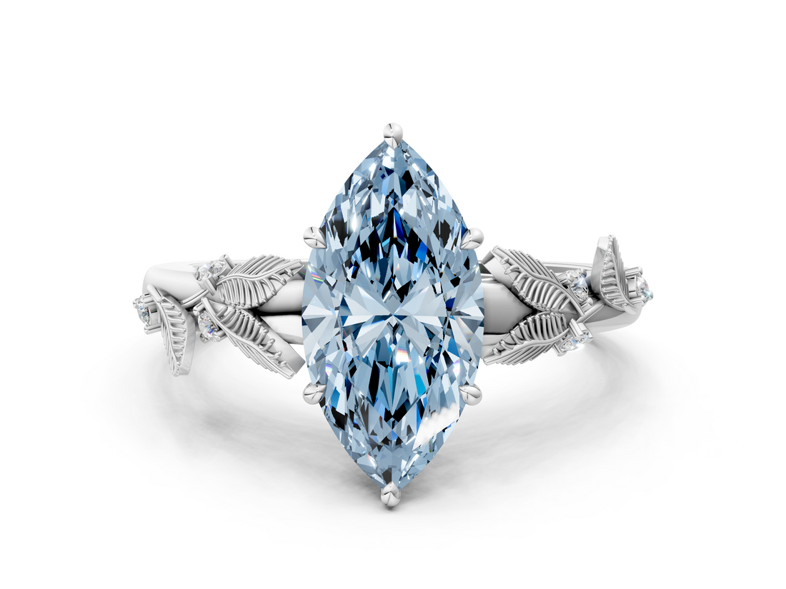 White gold Fancy Blue Marquise  Brilliant Solitaire with Leaf Motif Band and Four-Prong Setting_61