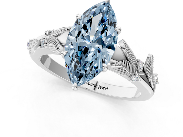 White gold Fancy Blue Marquise Cut Diamond Solitaire Ring with Leaf Motif Band and Four-Prong Setting