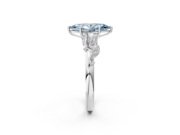 White gold Fancy Blue Marquise Cut Diamond Solitaire Ring with Leaf Motif Band and Four-Prong Setting