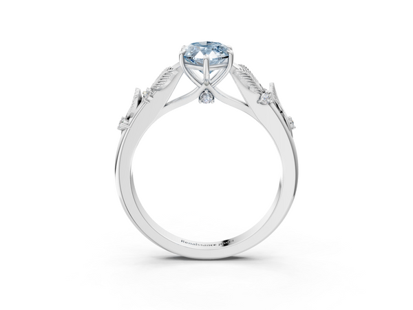 White gold Fancy Blue Marquise Cut Diamond Solitaire Ring with Leaf Motif Band and Four-Prong Setting
